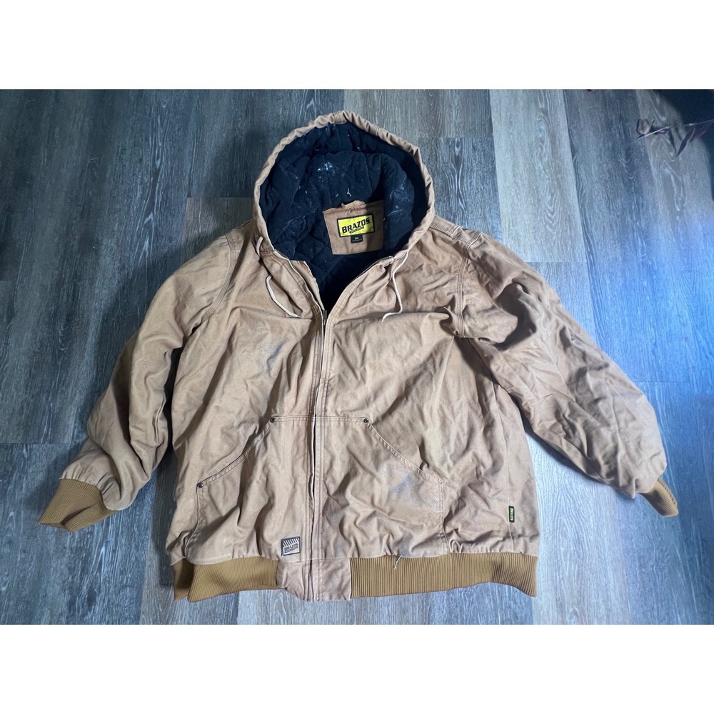 Brazos Work Wear Hooded Canvas Jacket Mens 2XL‎ Brown Quilted Lined Zip Up Coat